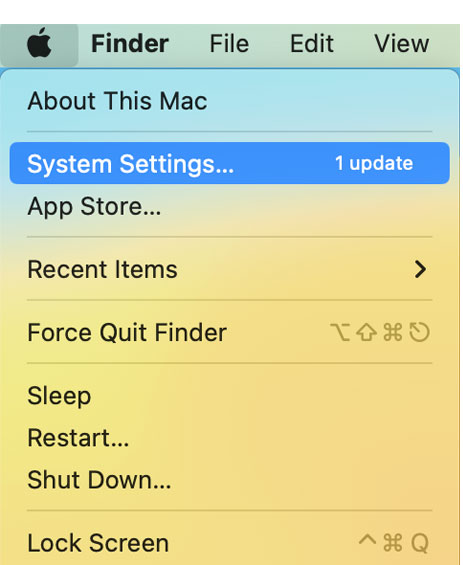dropdown with system settings highlighted
