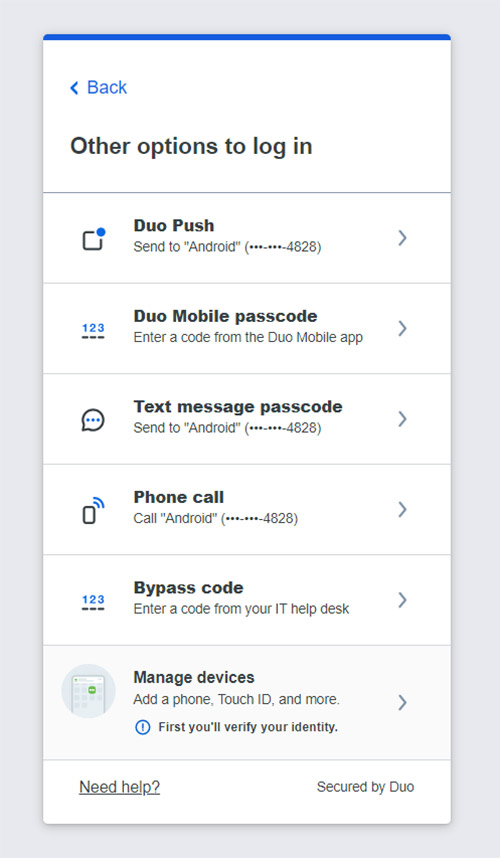 DUO login options screen