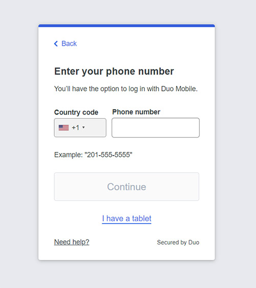 DUO enter phone number screen