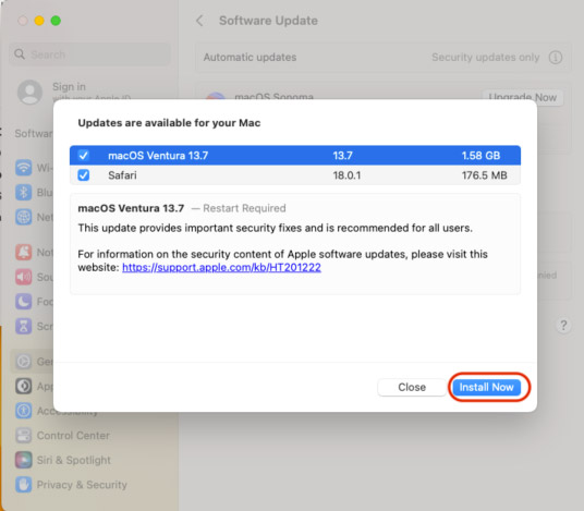 system updateswindow with macOS Ventura 13.7 highlighted and "install now" circled