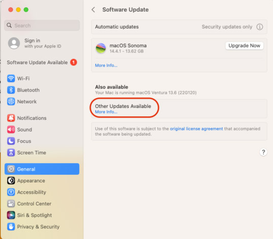 software updates window with "other updates available" highlighted