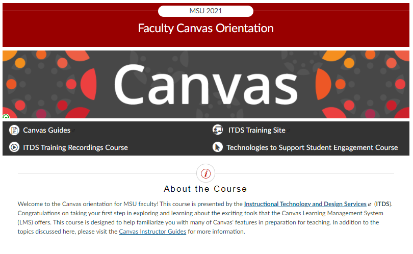 Screenshot depicting an example home page for use on Canvas designed by members of ITDS