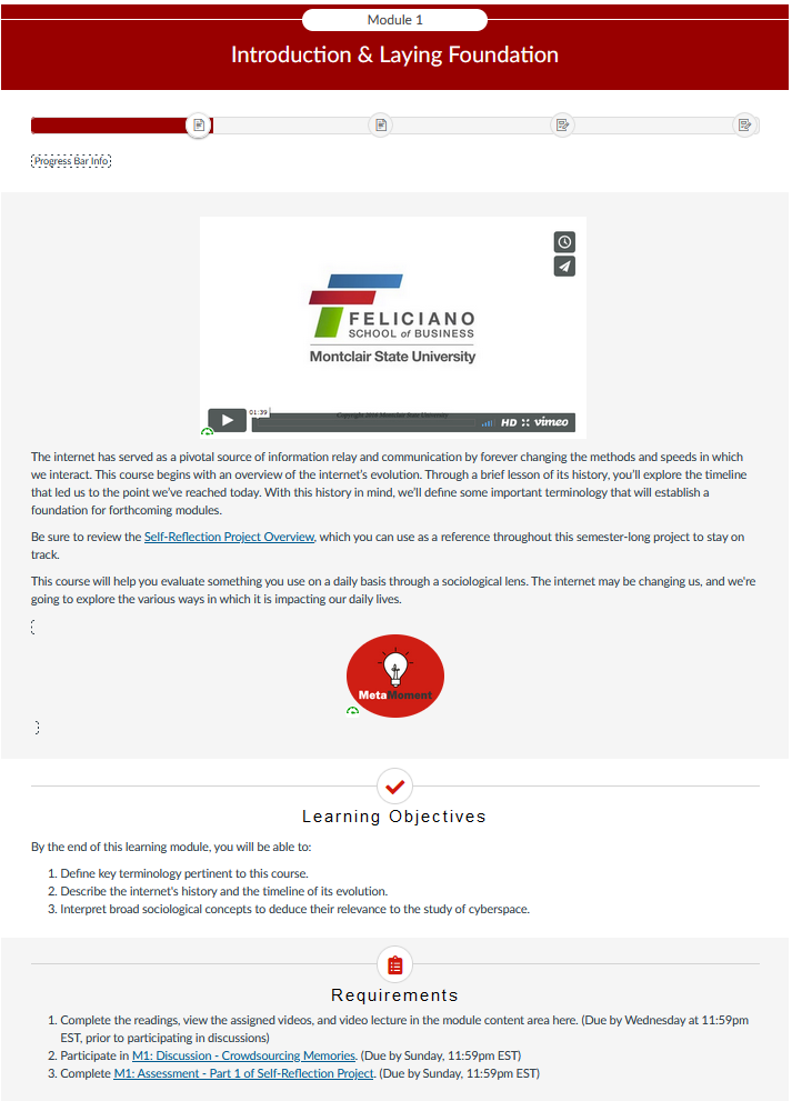 Screenshot depicting an example of an Orientation page on a Canvas course. The page is divided into three "chunks": an introduction, learning objectives, and requirements for the module.