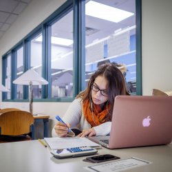 Woman student in quiet study room in the Sprague library taking notes from a laptop