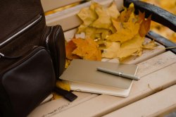 A notebook with pen is next to a brown backpack on a leaf covered bench