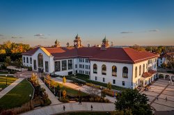 aerial view of Cole Hall at sunset