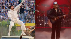 Bad Bunny on left performing at Super Bowl and Kid Rock on the right performing for "The All-American Halftime Show."