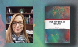 a graphic of a photo of professor Daniela Peterka Benton on left and her book cover on right. Image of cover is enlarged and faded in the background