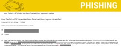 The image is a fake phishing notification about a PayPal to Bitcoin transaction with a warning about potential unfamiliar activity.