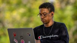 person looking at laptop outside