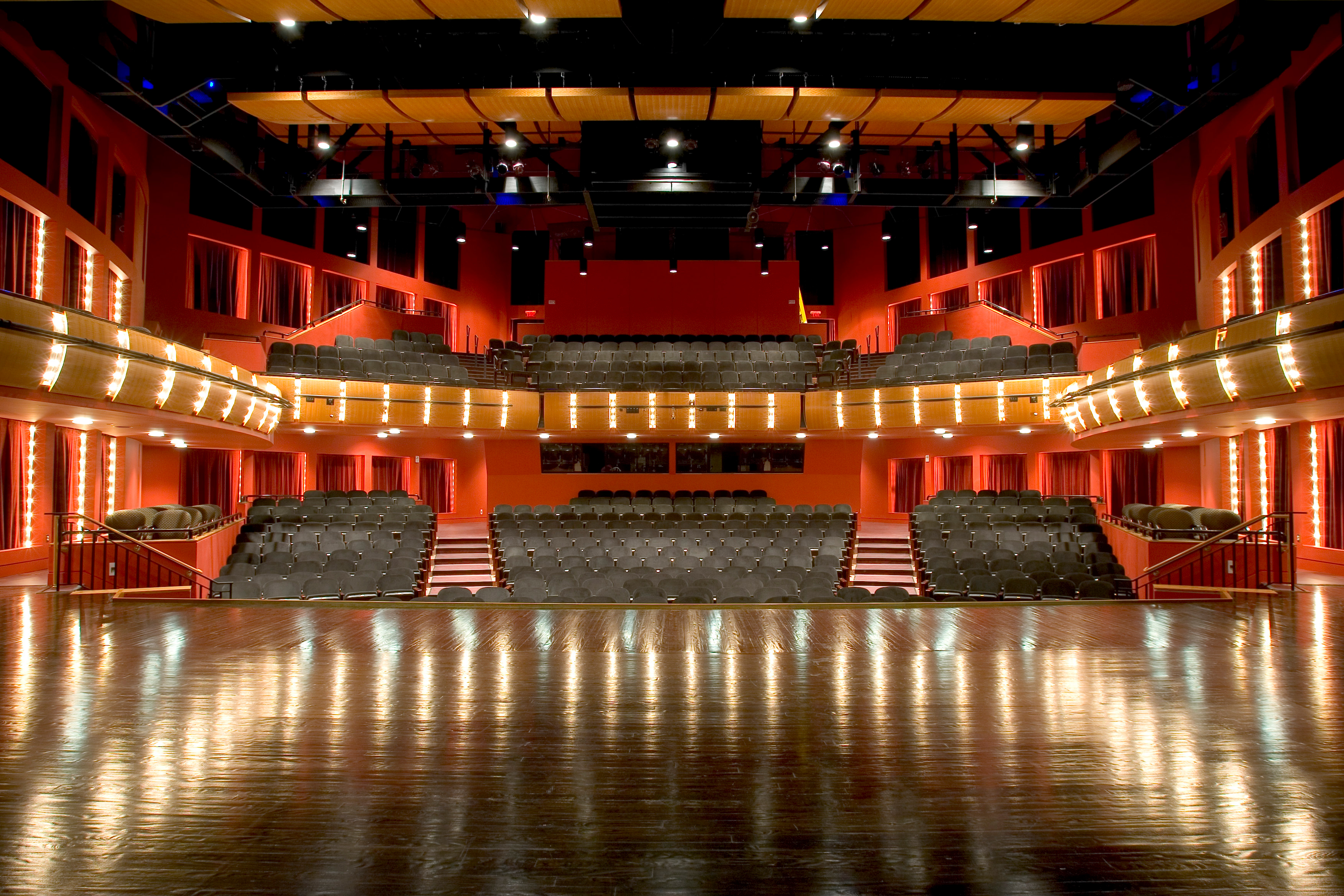 View of empty seats in the Kasser Theatre from backstage center