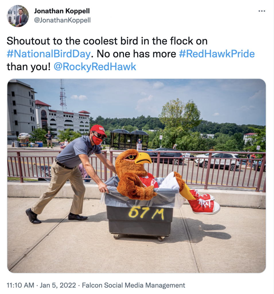 President Koppell's tweet with photo of himself pushing Rocky