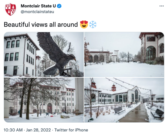 screenshot of tweet featuring photos of snow on campus