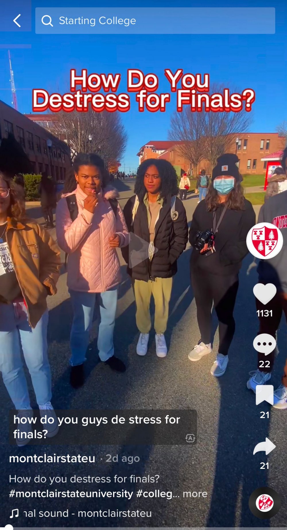 Students on campus at Montclair State University talk about how they destress for finals on TikTok