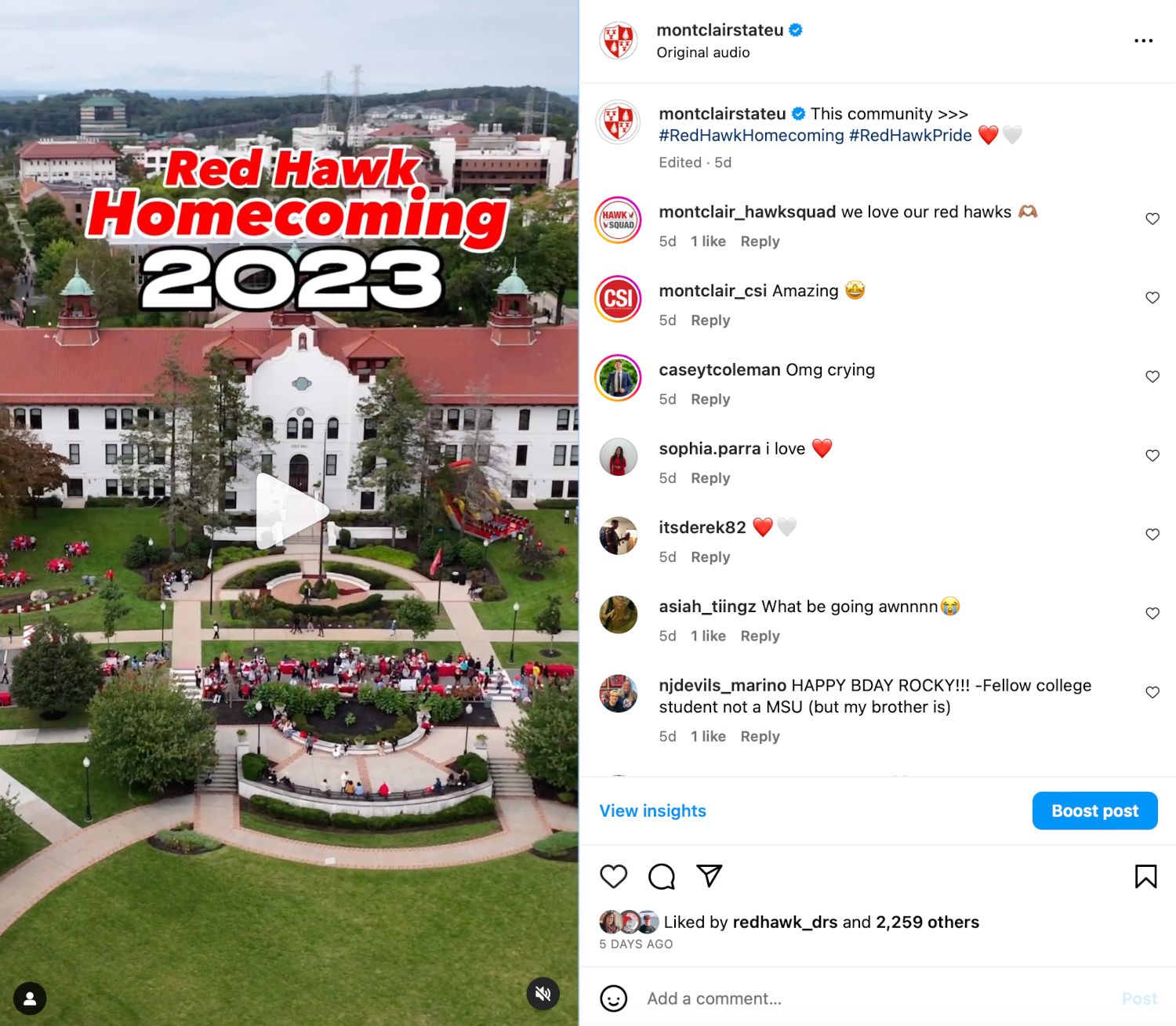 Screenshot of Red Hawk Homecoming instagram post