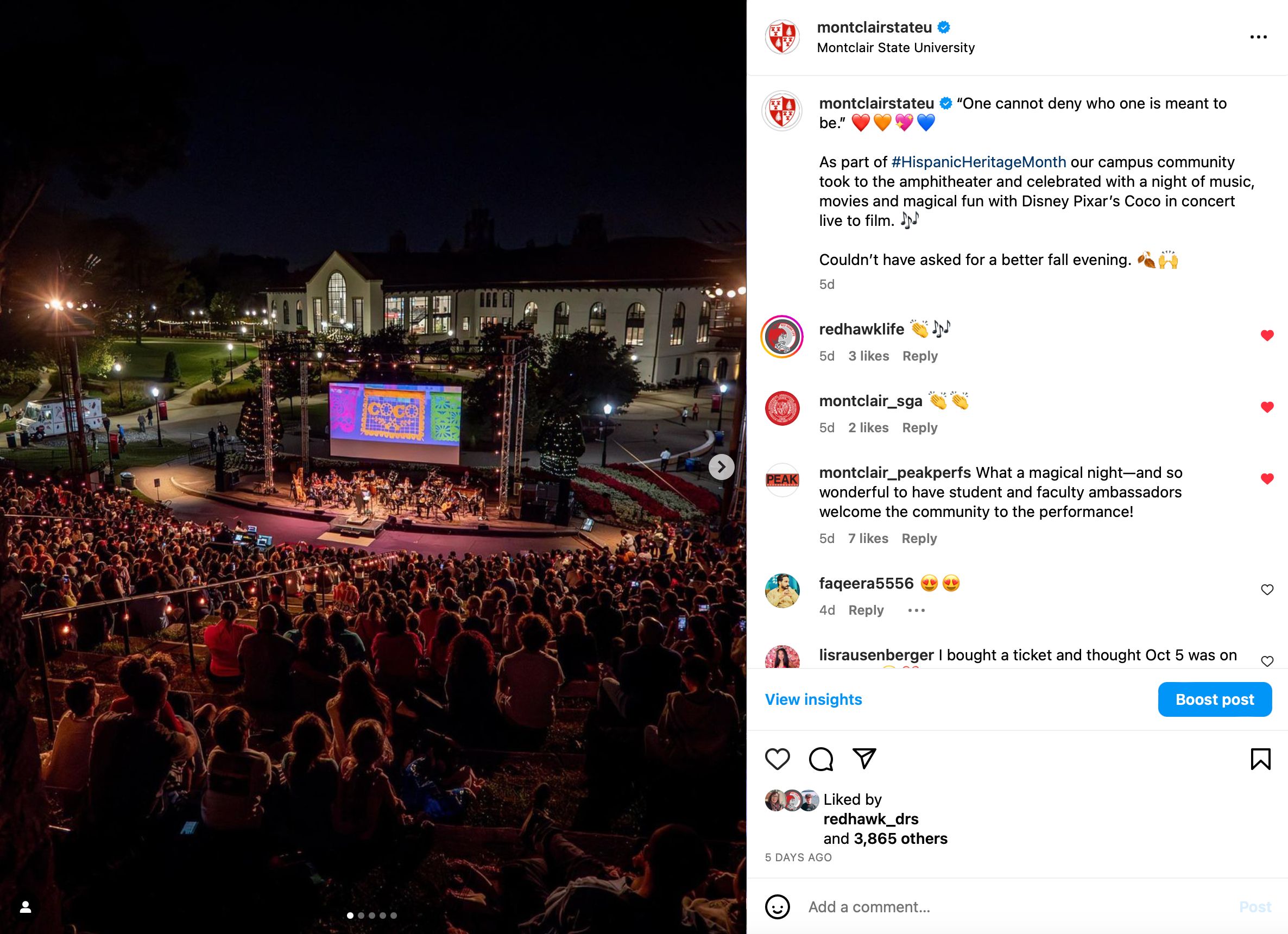 Photo of students watching orchestra in amphitheater at night presented as instagram post