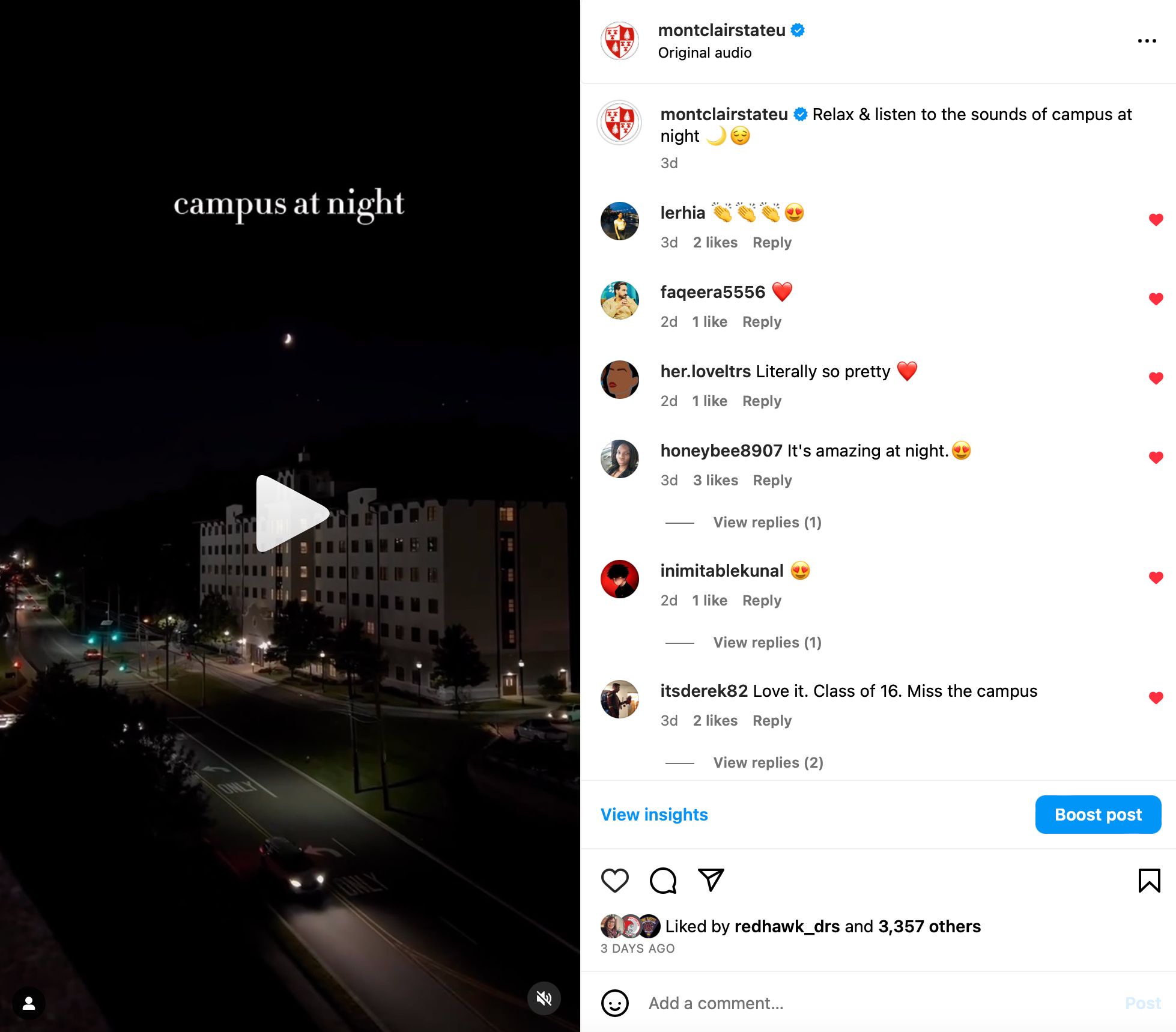 Screenshot of instagram post Relax & listen to the sounds of campus at night