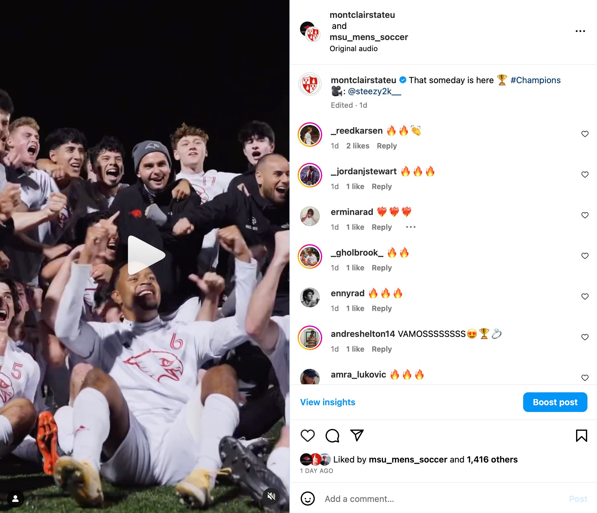 Screenshot of Instagram post - men's soccer team celebrating on the field