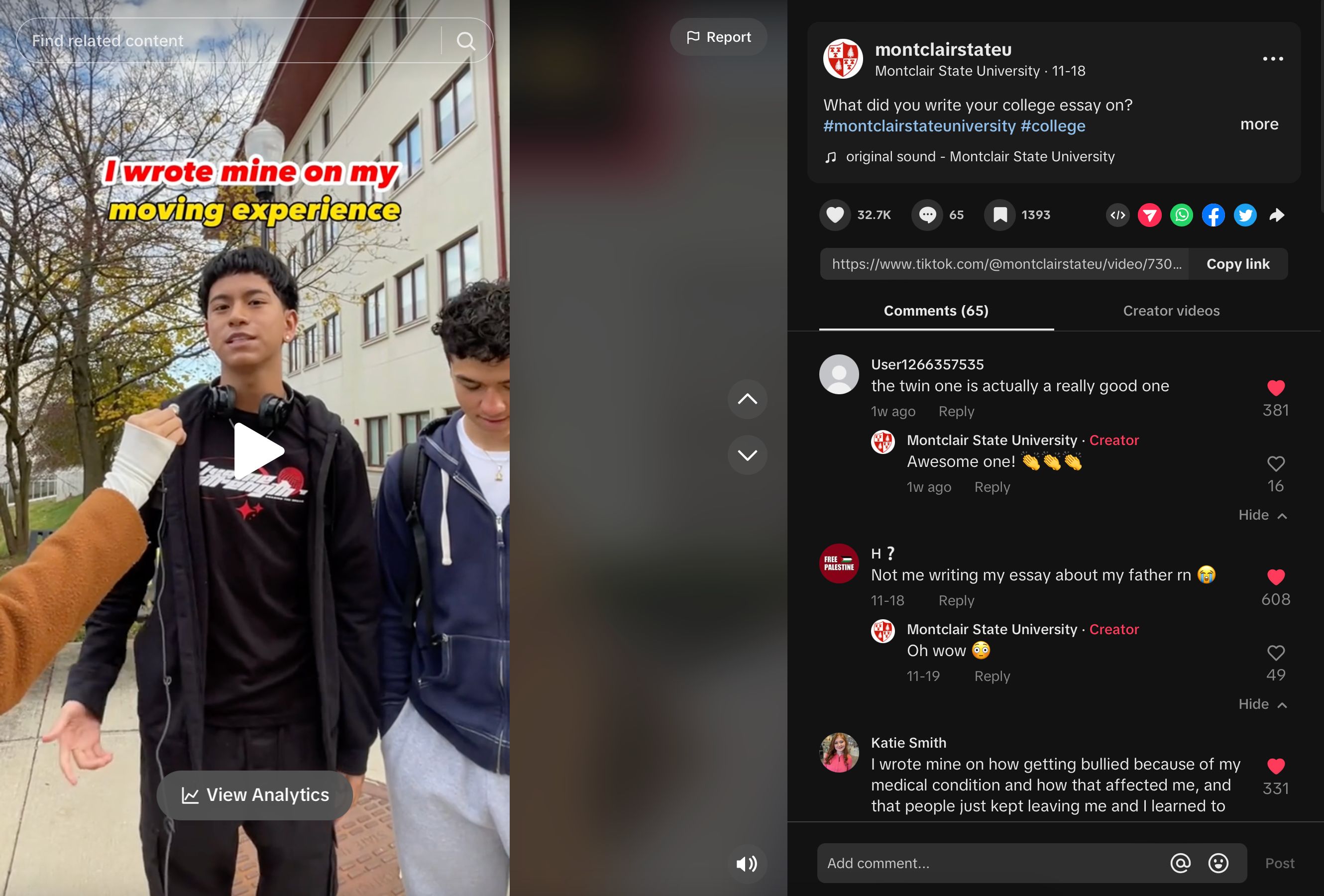 Screenshot of TikTok post about what topics students wrote their admissions essays about