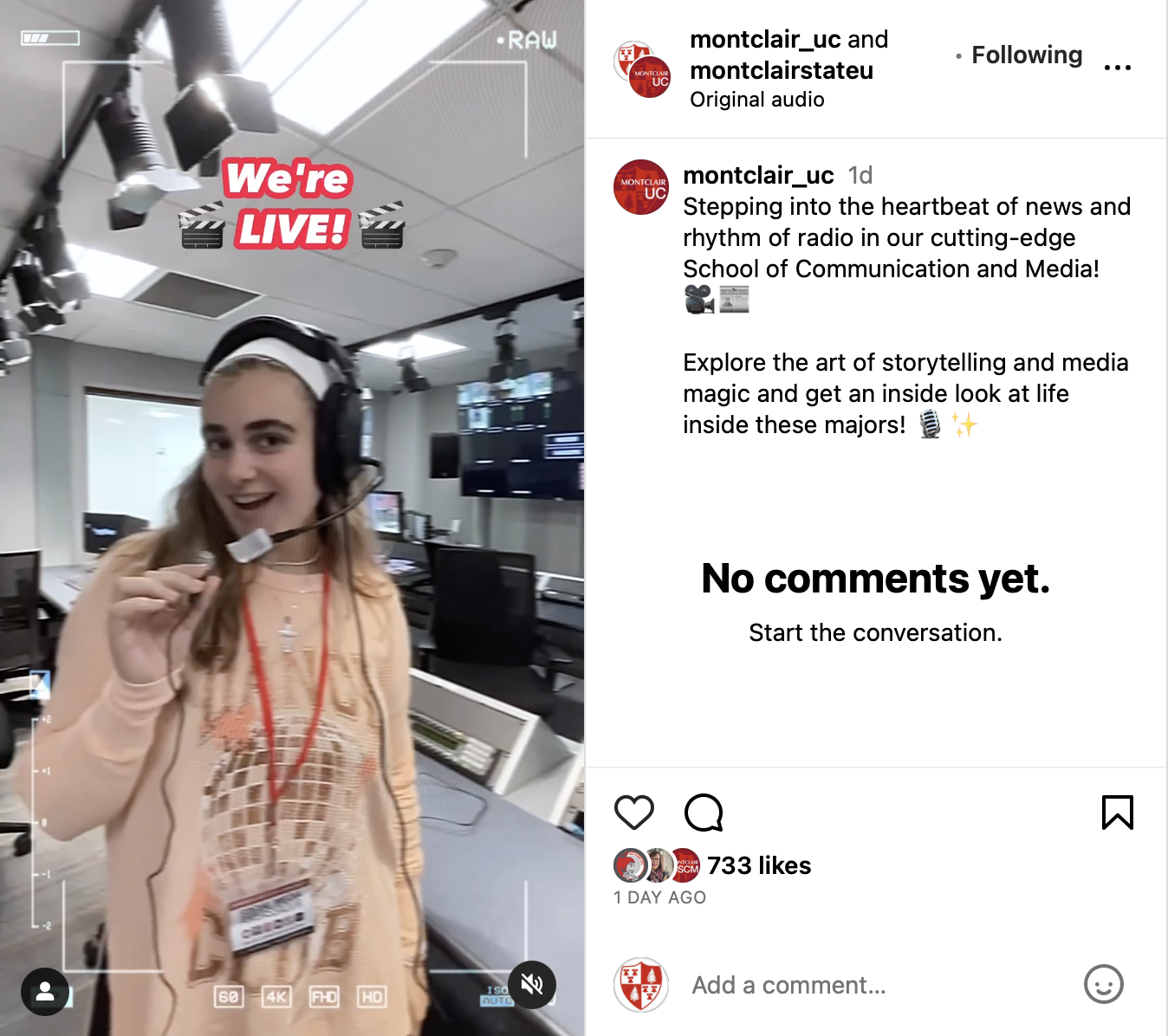 Screenshot of instagram post: a photo of a student wearing a headset in a TV control booth with the caption Stepping into the heartbeat of news and rhythm of radio in our cutting-edge school of communication and media
