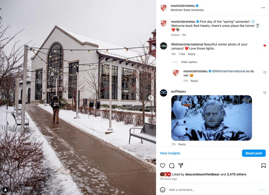 Screenshot of social media post showing campus in snow