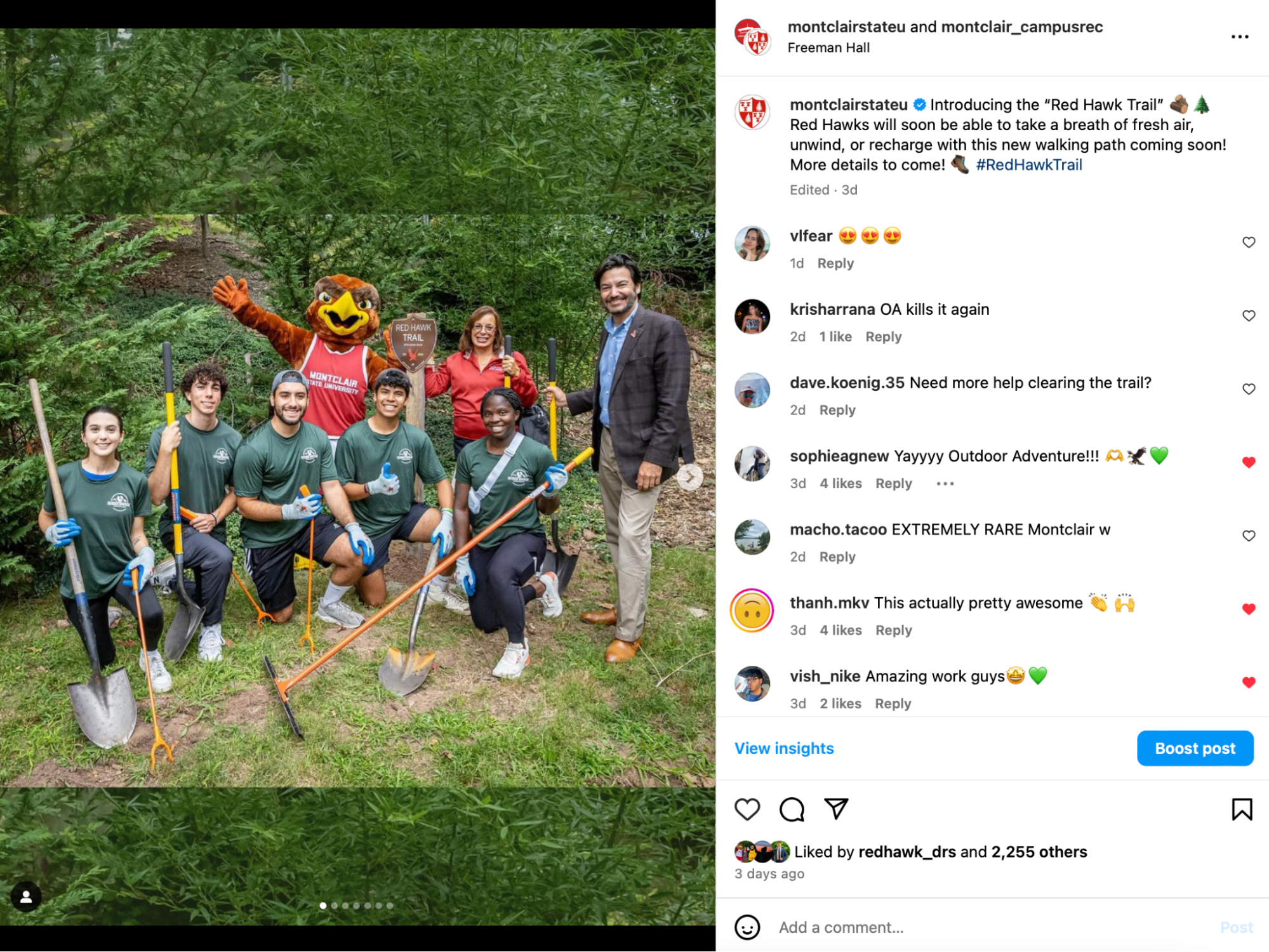 Screenshot of students, staff, President Koppell and Rocky on the Red Hawk Trail.