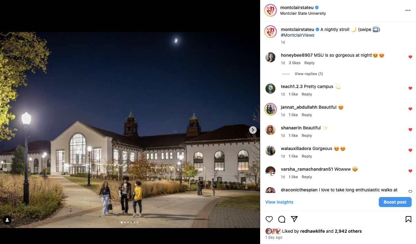 Screenshot from Instagram of Montclair campus at night.