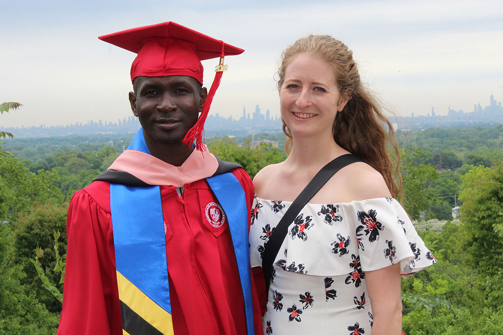 Adrienne Strong, who is conducting research in Tanzania, encouraged Samwel Marwa to come to America to earn the Master of Public Health as a Fulbright Scholar. She returned to the U.S. for his graduation.