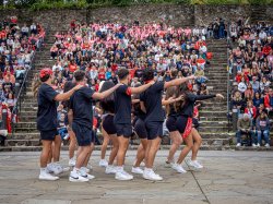 Large group of students doing a dance performance