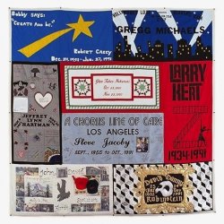 One of the five panels of The AIDS Memorial Quilt, a memorial to those lost to the deadly disease, on display in Memorial Auditorium December 5-11. The select panels on view honor notables in the theatrical world including Michael Bennett ("A Chorus Line"), Michael Jeter ("Grand Hotel" and TV's "Evening Shade") and, pictured above, Larry Kert ("West Side Story").