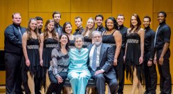 Christine Consales, Kay Consales and J. Douglas Peters (seated) with Musical Theatre and Vocal Performance majors of the John J. Cali School of Music who performed at the dedication ceremony under the direction of Professors Clay James and Gregory J. Dlugos.