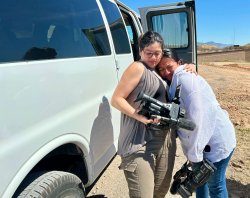 First-generation students Jennifer Sanchez, left, and Aylin Alverez-Santiago console each other after an emotional interview at the U.S.-Mexico border. (Photo courtesy “Arizona Stories”)