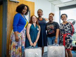 The first two students of the Red Hawks Rising Teacher Academy are now enrolled at Montclair. From left: Academy Co-Director Danielle Epps, Education major Melissa De Almeida, Clean Design Home Founder and CEO Robin Wilson, Communications and Media major and Education minor Najmah Johnson and Academy Co-Director Mayida Zaal.