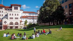 Campus with students in spring