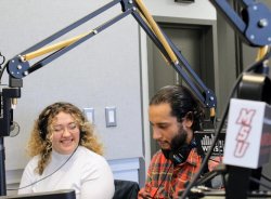 paloma lupino and another student in the WMSC studio recording a podcast