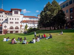 Students sitting on grass on campus