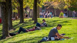 Students hanging out and lounging in the Quad