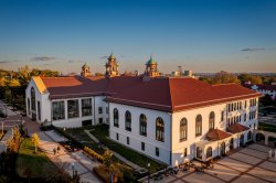 Aerial view of Cole Hall at sunset