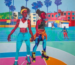 A colorful painting featuring two women are rollerblading in the foreground. In the background are blue palm trees, buildings, two children playing basketball, and another woman rollerblading.