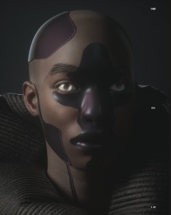 This image is a rendering of an astronaut with dark patches on their face. The astronaut has dark skin and is situated against a dark background. Only their head is visible and their eyes stare into the distance.