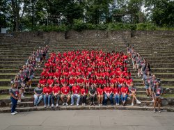 Group photo of the 2024 Hispanic Student College Institute in Montclair's amphitheater.