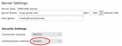 Screenshot highlighting the OAuth2 Aunthentication Method required on Thunderbird.