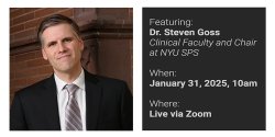 On the left, a portrait of Dr. Steven Goss. On the right, a list of event details that can be located on this page.