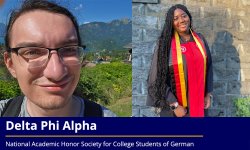 photos of two German students side by side. Lower third is Delta Phil Alpha, National Honor Society for College Students of German