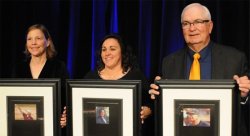 Montclair State University head softball coach Anita Kubicka (center) with Jo Evans of Texas A&M University (left) and Clint Meyers of Auburn University (right) at the 2015 NFCA Hall of Fame induction ceremony.