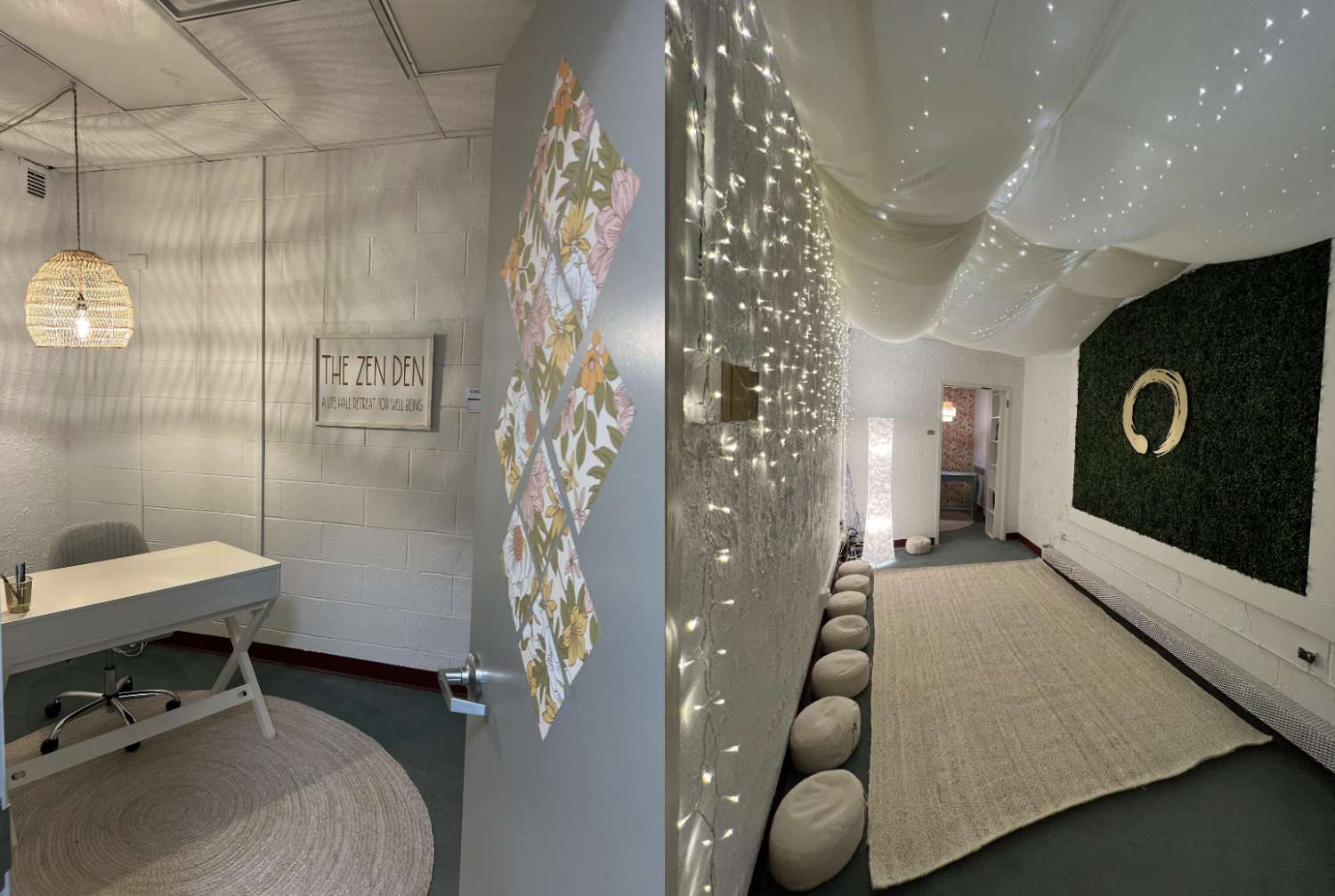 Zen Den, a calming space in Life Hall, is designed to support mental health. The room features comfortable seating, soft lighting, and peaceful decor, creating a serene environment for students to unwind.