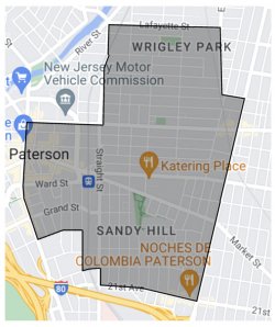 graphic showing outline of One Square Mile area overlaid on a map of Paterson