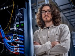 Montclair undergraduate student and Goldwater Scholarship winner, Joseph David Quinn-Vitabile at the Montclair University Data Center.