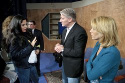 John King and Dana Bash speak with senior broadcasting student, Grace Gomez after the event.