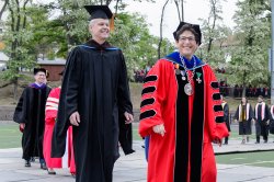 Dean Daniel Gurskis and President Susan A. Cole at the College of the Arts Convocation, 2015.